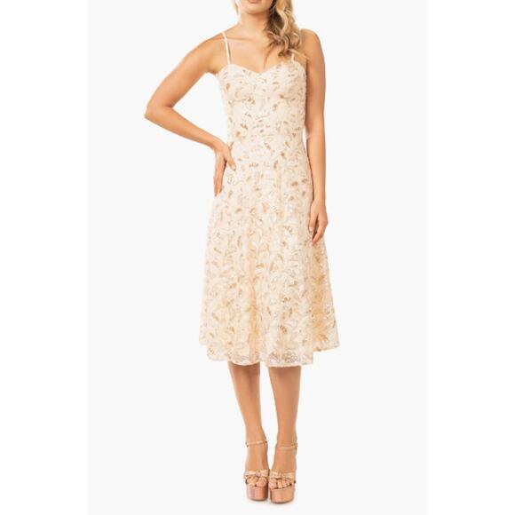DRESS THE POPULATION Carlita Dress Small Cream Tan Multi Embroidered Sequin Midi - Picture 1 of 11